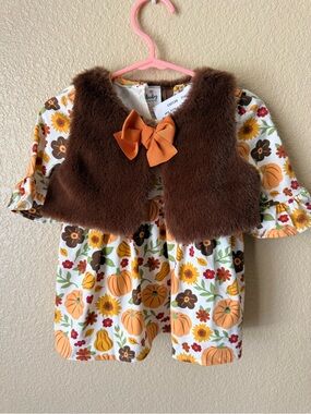 Baby Starters Brown Faux Fur Vest with Orange Bow and Pumpkin-Print Dress